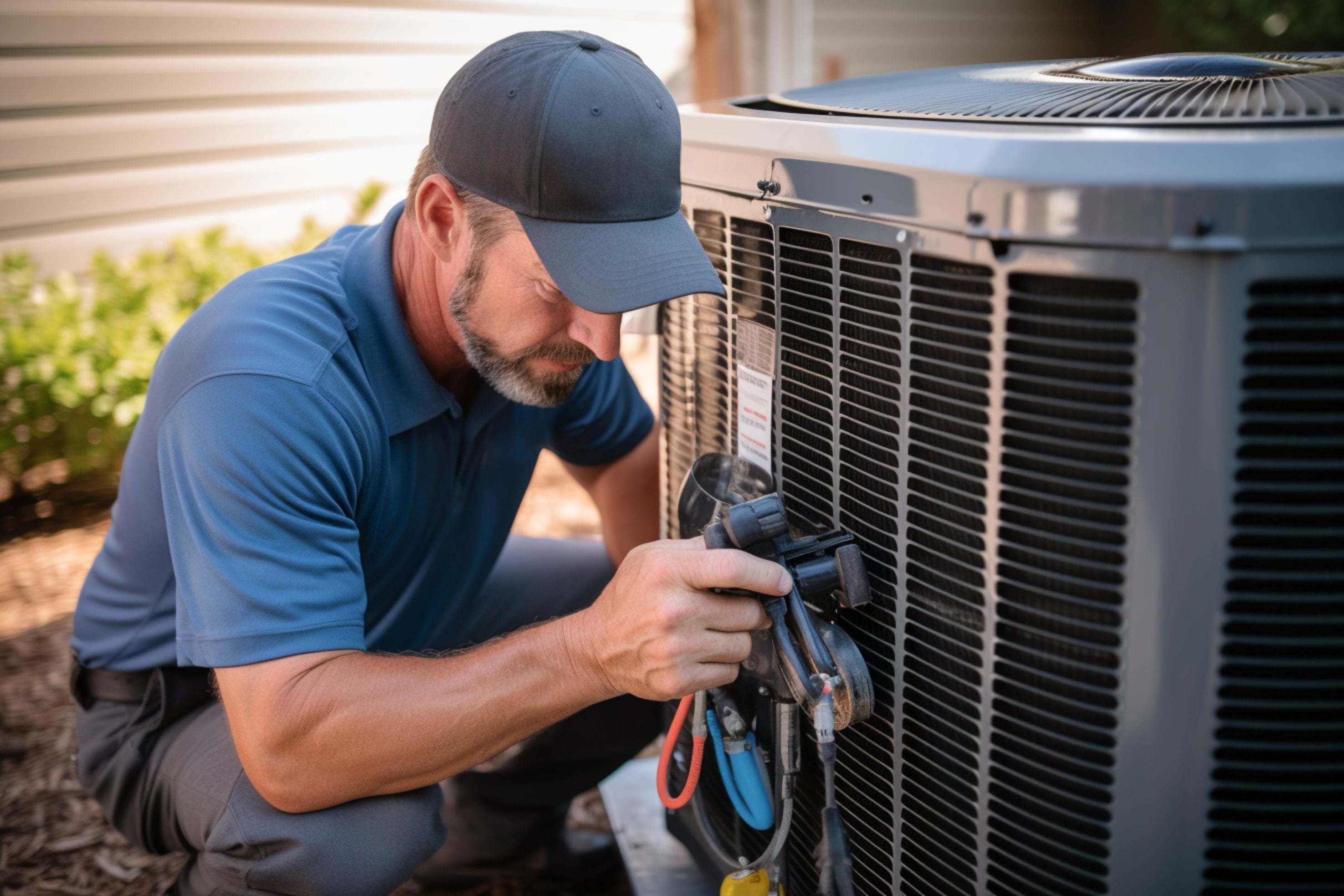 Technician Performing AC Service and Repair with Tools